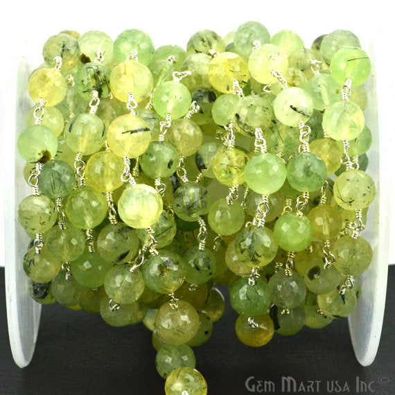 Prehnite Beads Chain, Silver Plated Wire Wrapped Rosary Chain - GemMartUSA (763959115823)
