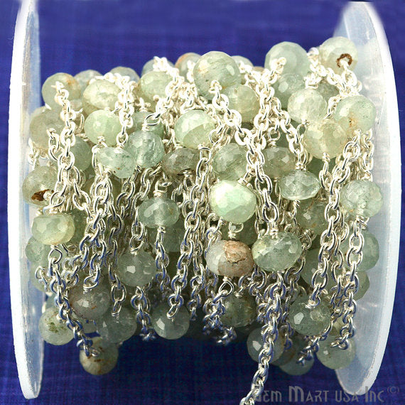 Prehnite Beads Chain, Silver Plated Wire Wrapped Rosary Chain - GemMartUSA (763959640111)