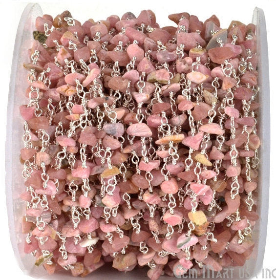 Pink Opal 4-6mm Nugget Chip Beads Silver Plated Rosary Chain - GemMartUSA (763963342895)