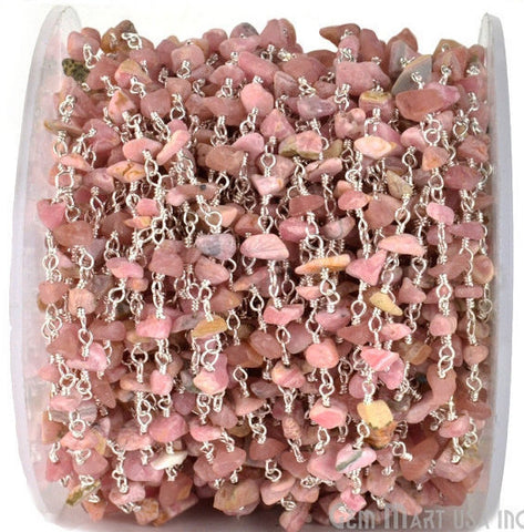 Pink Opal 4-6mm Nugget Chip Beads Silver Plated Rosary Chain - GemMartUSA (763963342895)