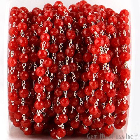 Red Jade Beads Silver Plated Wire Wrapped Rosary Chain - GemMartUSA (763972616239)