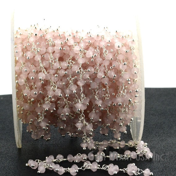 Rose Quartz Faceted Beads Silver Plated Cluster Dangle Chain - GemMartUSA (764237643823)