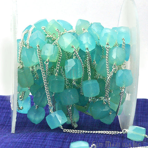 Sky Blue Chalcedony Beads Chain, Silver Plated Wire Wrapped Rosary Chain - GemMartUSA (763976712239)