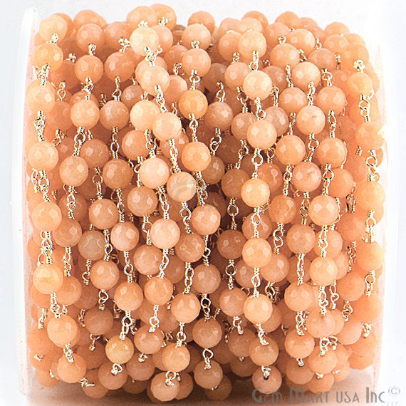 Sunstone Jade Beads Silver Plated Wire Wrapped Rosary Chain - GemMartUSA (763978383407)