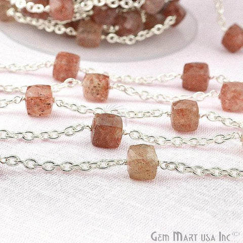 Strawberry Quartz Beads Chain, Silver Plated Wire Wrapped Rosary Chain