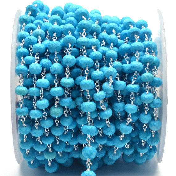 Turquoise Beads Chain, Silver Plated Wire Wrapped Rosary Chain (762750042159)