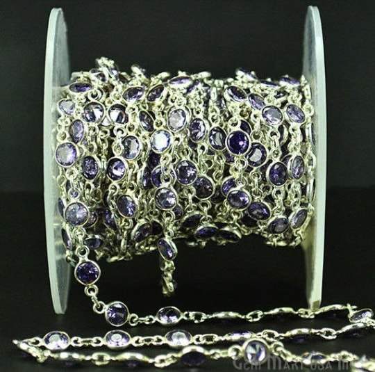 Tanzanite 4mm Round Silver Bezel Continuous Connector Chain - GemMartUSA