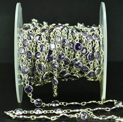 Tanzanite 4mm Round Silver Bezel Continuous Connector Chain - GemMartUSA
