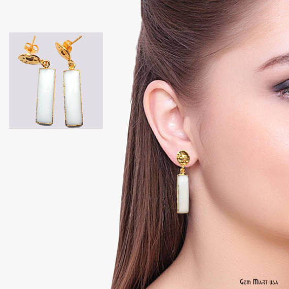 White Agate Rectangle Shape 42x9mm Gold Plated Dangle Stud Earrings - GemMartUSA