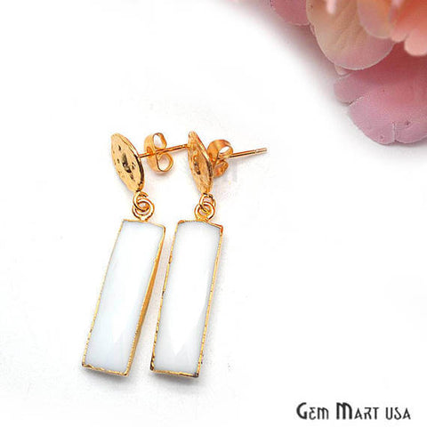 White Agate Rectangle Shape 42x9mm Gold Plated Dangle Stud Earrings - GemMartUSA