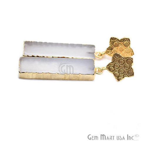 White Chalcedony Rectangle Shape 32x8mm Gold Plated Dangle Stud Earrings - GemMartUSA