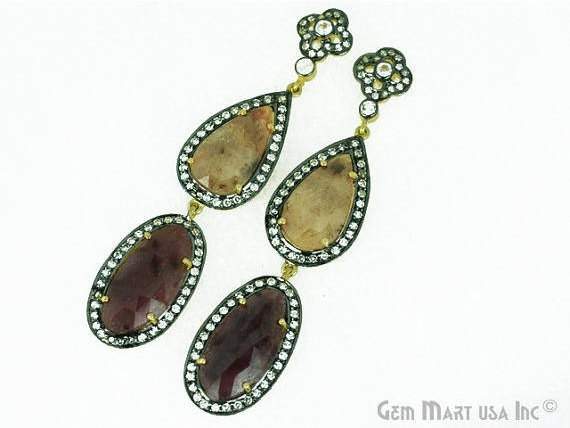 Beautiful Handmade Sapphire Earring, Cz Pave Diamond Gold Vermeil Earring 78x17mm (WSCZ-90058) - GemMartUSA (762322780207)