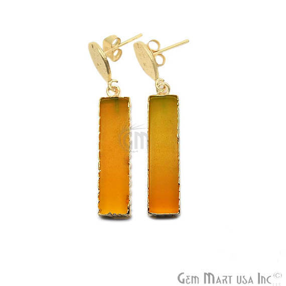 Yellow Chalcedony Rectangle Shape 32x8mm Gold Electroplated Dangle Stud Earrings - GemMartUSA