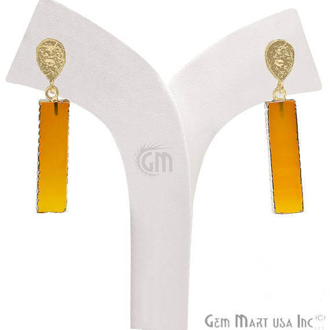 Yellow Chalcedony Rectangle Shape 32x8mm Gold Electroplated Dangle Stud Earrings - GemMartUSA