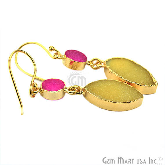 Yellow & Pink Druzy 10x50mm Gold Electroplated Gemstone Dangle Earring - GemMartUSA
