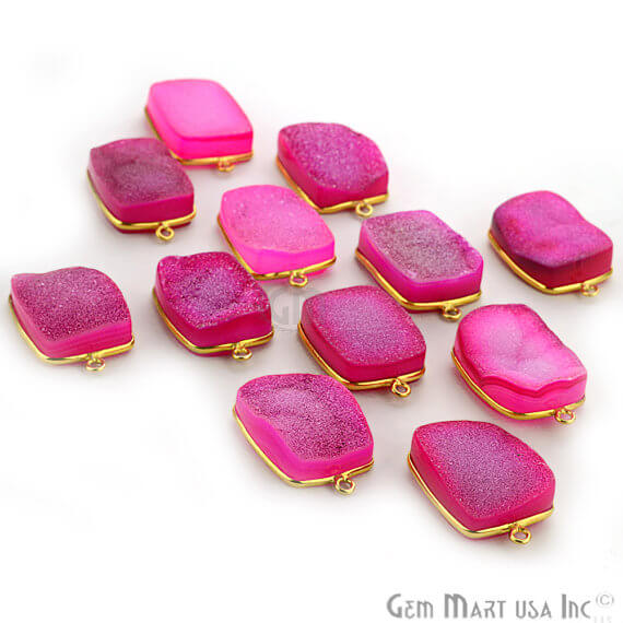 Pink Color Druzy Connector Octagon Shape Gold Plated Double Bail Connector (ZCP-11203) - GemMartUSA